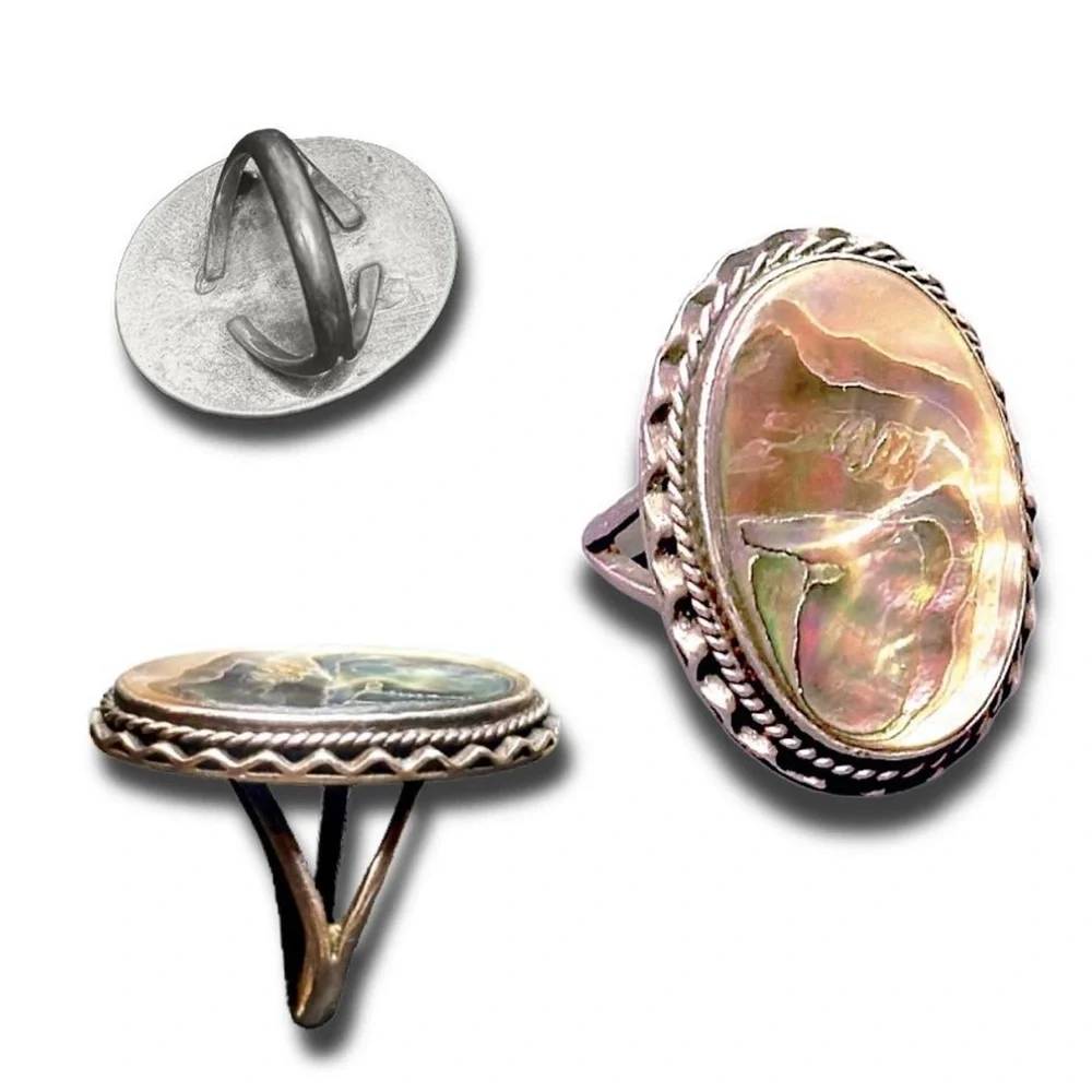 70s Vtg Native Statement Abalone, Mother of Pearl Ring w/Sterling Rope Frame - Picture 3 of 8